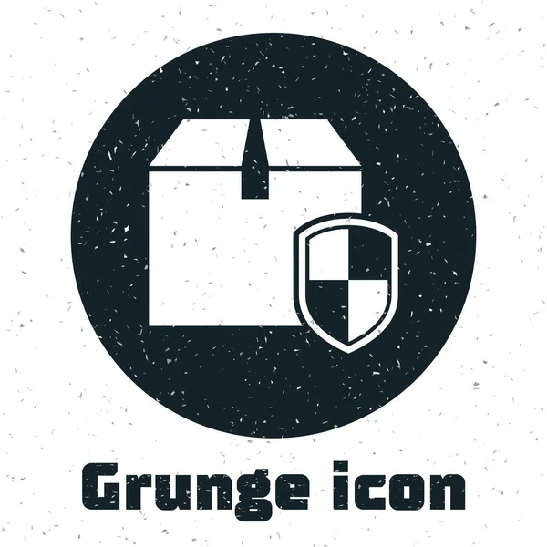 Grunge Leverans pack säkerhet symbol med sköld ikon isolerad på vit bakgrund. Leveransförsäkring. Säkrade kartonger bortom skölden. Vektor Illustration — Stock vektor