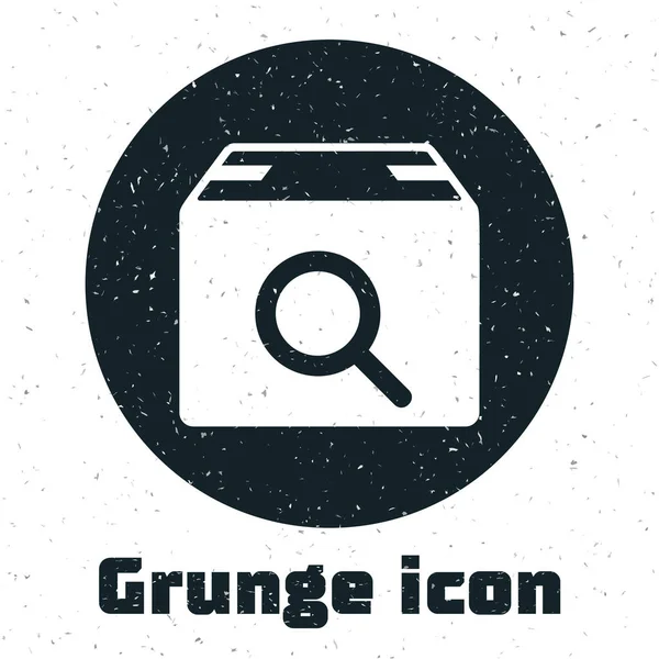 Icône du package Grunge Search isolée sur fond blanc. Le symbole de suivi des colis. Loupe en verre et boîte en carton. Logistique et livraison. Illustration vectorielle — Image vectorielle