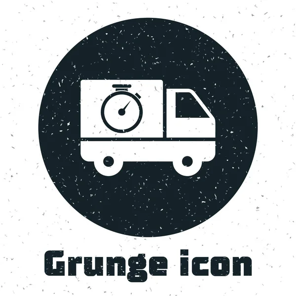 Grunge Logistics camión de reparto y cronómetro icono aislado sobre fondo blanco. Icono de tiempo de entrega. Ilustración vectorial — Vector de stock