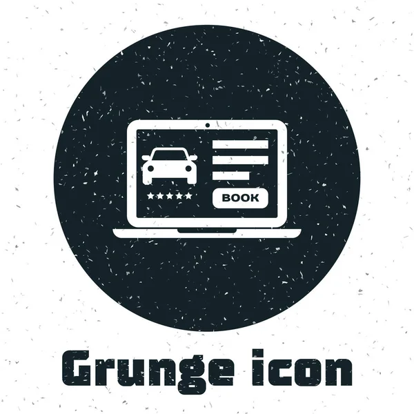 Grunge Online coche compartido icono aislado sobre fondo blanco. Servicio de alquiler de coches online. Concepto de diseño de reserva en línea para portátil. Ilustración vectorial — Vector de stock