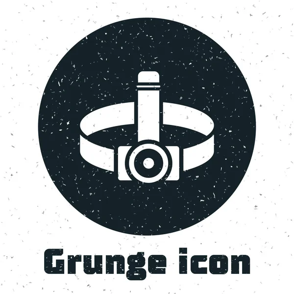 Grunge Head Taschenlampe Symbol isoliert auf weißem Hintergrund. Touristen-Taschenlampe. Campingscheinwerfer. Vektorillustration — Stockvektor