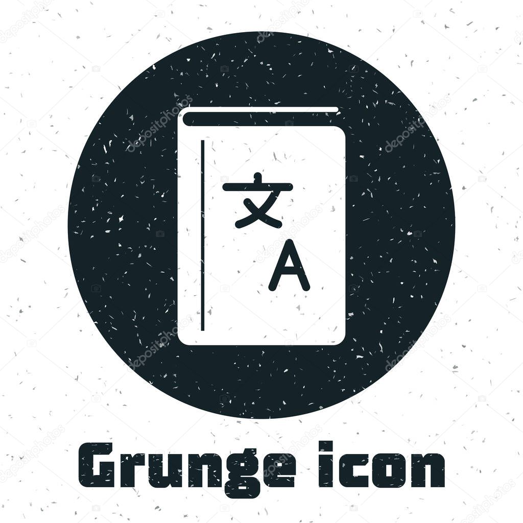 Grunge Translator book icon isolated on white background. Foreign language conversation icons in chat speech bubble. Translating concept. Vector Illustration
