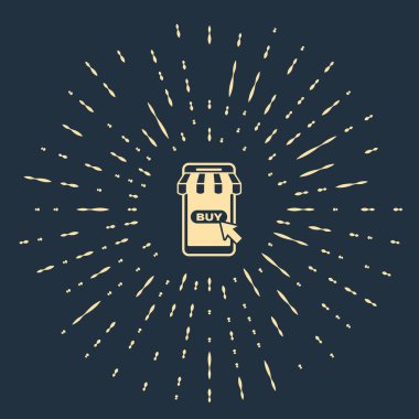 Koyu mavi arka planda çizgili tente ikonu olan bej renkli cep telefonu ve alışveriş arabası. İnternetten satın alma sembolü. Süpermarket sepeti sembolü. Soyut çember rastgele noktalar. Vektör İllüstrasyonu