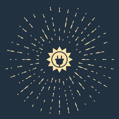 Koyu mavi arkaplanda izole edilmiş bej güneş enerjisi simgesi. Güneş ve elektrik prizi. Soyut çember rastgele noktalar. Vektör İllüstrasyonu