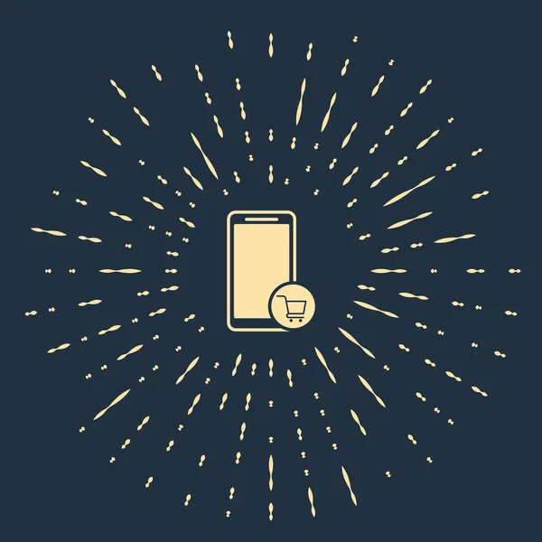 Beige Icono de teléfono móvil y carrito de compras aislado sobre fondo azul oscuro. Símbolo de compra online. Símbolo de cesta de supermercado. Puntos aleatorios de círculo abstracto. Ilustración vectorial — Vector de stock