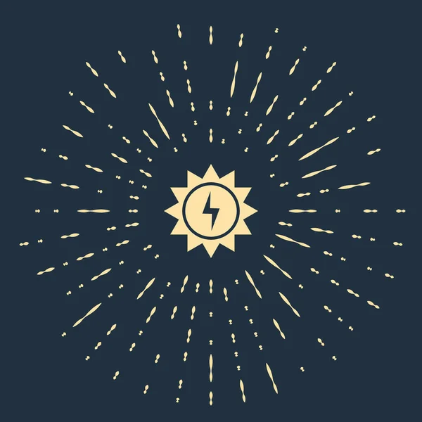 Icono del panel de energía solar beige aislado sobre fondo azul oscuro. Sol con símbolo del rayo. Puntos aleatorios de círculo abstracto. Ilustración vectorial — Archivo Imágenes Vectoriales