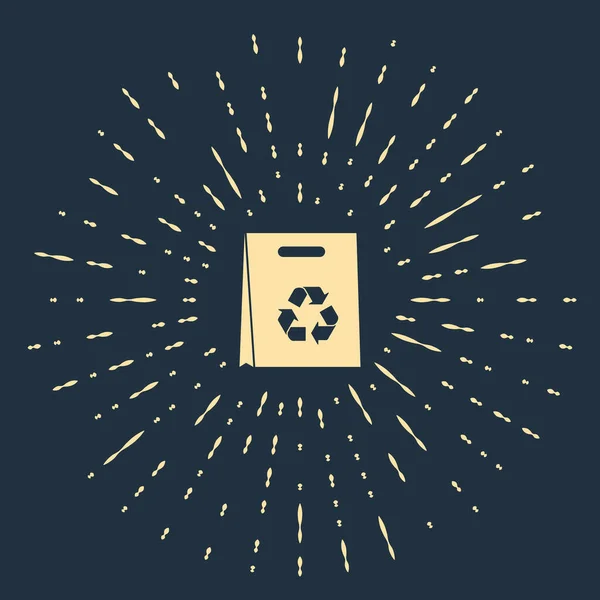 Bézs Papír bevásárló táska újrahasznosító ikon elszigetelt sötétkék háttér. Újrahasznosító szimbólummal ellátott zsák. Absztrakt kör véletlenszerű pontok. Vektorillusztráció — Stock Vector