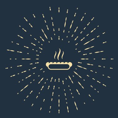 Koyu mavi arka planda hardal ikonlu bej Hotdog sandviçi. Sosis ikonu. Fast food burcu. Soyut çember rastgele noktalar. Vektör İllüstrasyonu