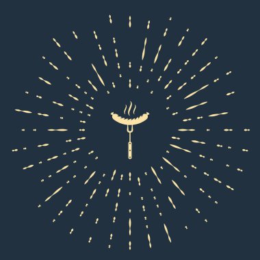 Çatalda bej sosis ve koyu mavi arka planda izole edilmiş buhar ikonu. Izgara sosis ve aroma işareti. Soyut çember rastgele noktalar. Vektör İllüstrasyonu