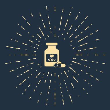 İktidar hapı içeren bej ilaç şişesi koyu mavi arka planda izole edilmiş afrodizyak ikonu. Erkekler ve kadınlar için seks hapları. Soyut çember rastgele noktalar. Vektör İllüstrasyonu