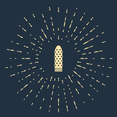 Seks oyunları ikonu için bej vibratör koyu mavi arka planda izole edilmiş. Yetişkinler için seks oyuncağı. Samimiyet için vajinal egzersiz makineleri. Soyut çember rastgele noktalar. Vektör İllüstrasyonu