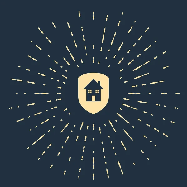 Бежевый дом под защитой значок изолирован на темно-синем фоне. Дом и щит. Защита, безопасность, безопасность, защита, концепция обороны. Абстрактные круговые случайные точки. Векторная миграция — стоковый вектор