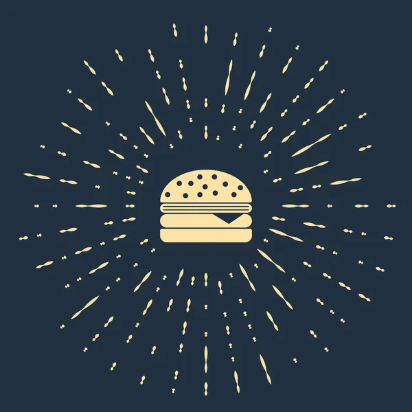 Ikon Beige Burger diisolasi dengan latar belakang biru tua. Ikon hamburger. Cheeseburger sandwich sign. Titik-titik acak lingkaran abstrak. Ilustrasi Vektor - Stok Vektor