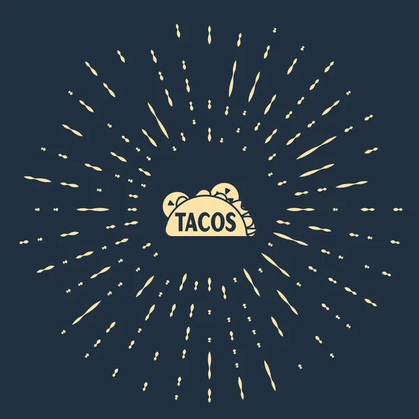 Béžové Taco s ikonou tortilla izolované na tmavomodrém pozadí. Tradiční mexické rychlé občerstvení. Abstraktní kruh náhodných teček. Vektorová ilustrace — Stockový vektor