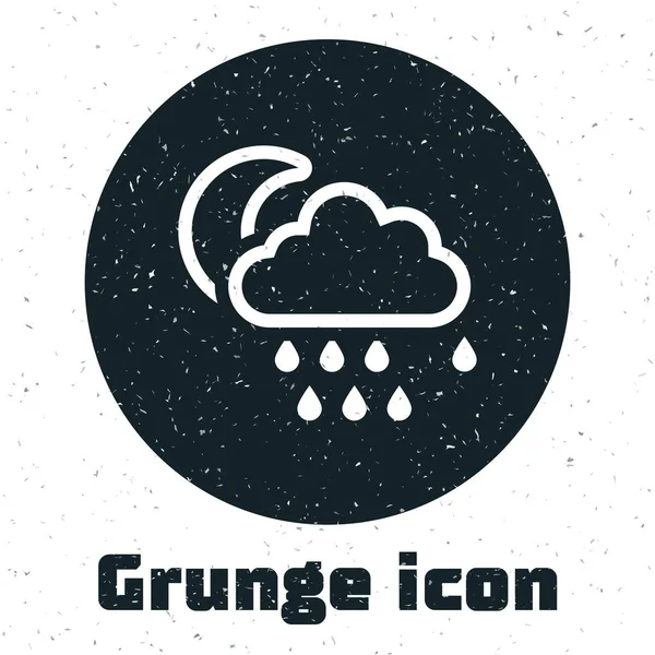 Nube Grunge con la lluvia y la luna icono aislado sobre fondo blanco. precipitación de nubes de lluvia con gotas de lluvia. Ilustración vectorial — Vector de stock