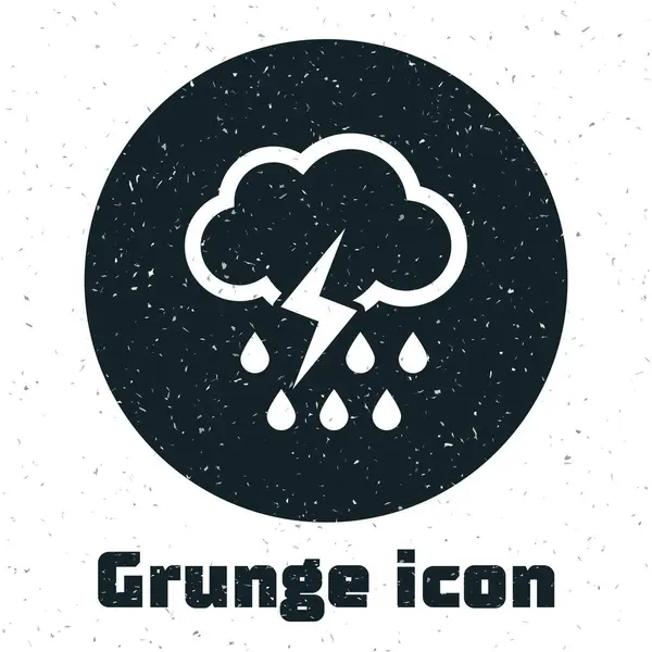 Grunge Cloud eső és villám ikon elszigetelt fehér háttérrel. Esőfelhő csapadék esőcseppekkel.Időjárás ikon vihar. Vektorillusztráció — Stock Vector