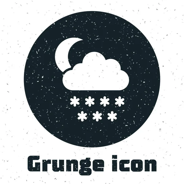 Grunge Cloud com ícone de neve e lua isolado no fundo branco. Nuvem com flocos de neve. Ícone meteorológico único. Sinal de nevar. Ilustração vetorial — Vetor de Stock