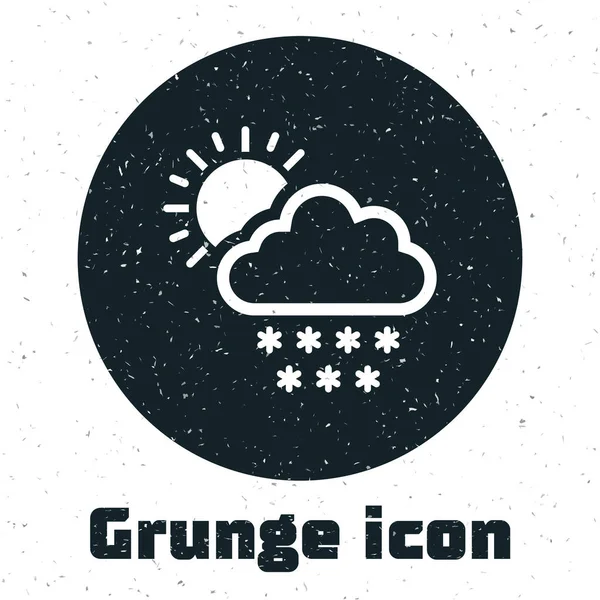 Nube Grunge con icono de nieve y sol aislado sobre fondo blanco. Nube con copos de nieve. Icono de tiempo único. Signo de niebla. Ilustración vectorial — Vector de stock