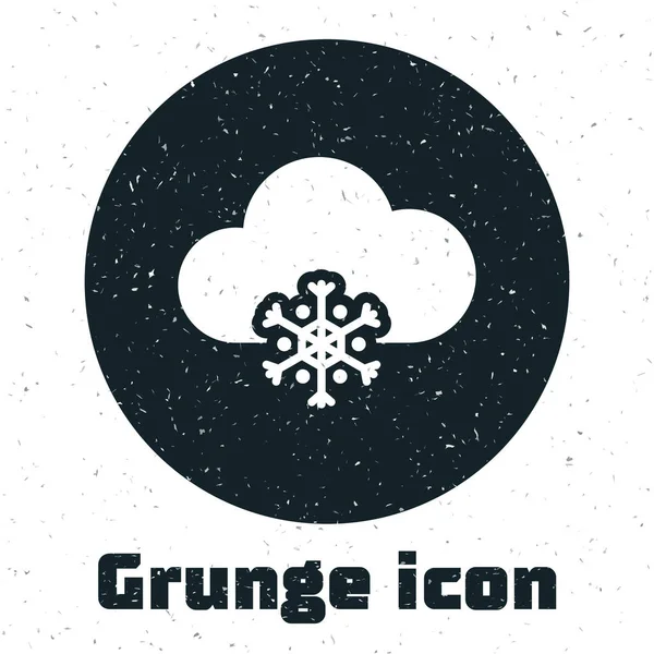 Grunge-Wolke mit Schnee-Ikone auf weißem Hintergrund. Wolke mit Schneeflocken. einzelnes Wettersymbol. Schneeschild. Vektorillustration — Stockvektor