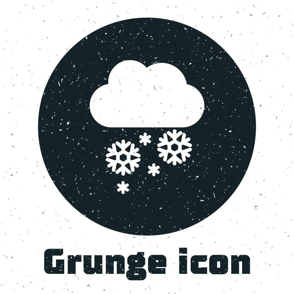 Grunge Cloud com ícone de neve isolado no fundo branco. Nuvem com flocos de neve. Ícone meteorológico único. Sinal de nevar. Ilustração vetorial — Vetor de Stock