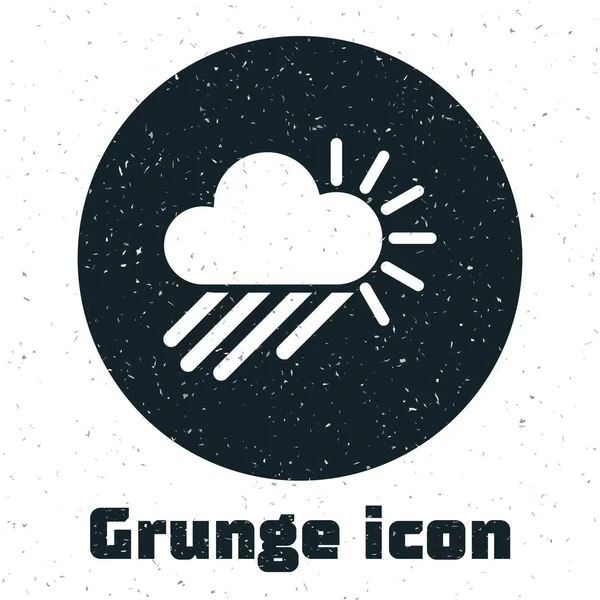 Grunge Nublado com ícone de chuva e sol isolado no fundo branco. Precipitação de nuvens de chuva com gotas de chuva. Ilustração vetorial — Vetor de Stock