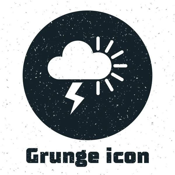Icono de Grunge Storm aislado sobre fondo blanco. Nublado con el rayo y el signo del sol. Icono del tiempo de tormenta. Ilustración vectorial — Vector de stock