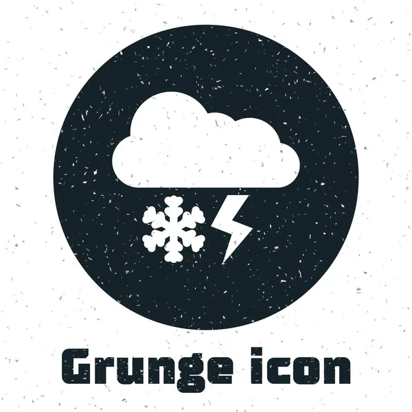 Nube Grunge con nieve y relámpago icono aislado sobre fondo blanco. Nube con copos de nieve. Icono de tiempo único. Signo de niebla. Ilustración vectorial — Vector de stock