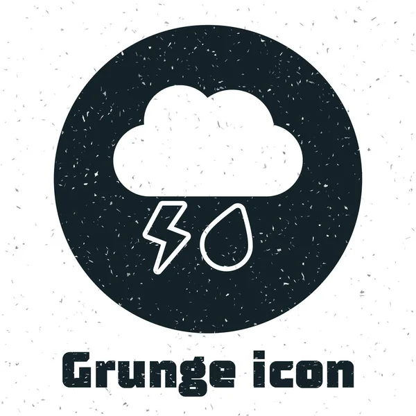 Nube Grunge con la lluvia y relámpago icono aislado sobre fondo blanco. Precipitación de nubes de lluvia con gotas de lluvia.Icono meteorológico de la tormenta. Ilustración vectorial — Vector de stock