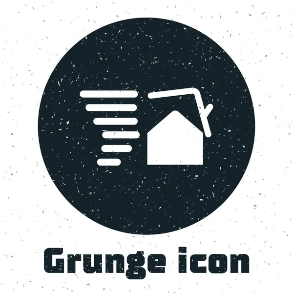 Grunge Tornado swirl damages house roof icon isolated on white background. Cyclone, whirlwind, storm funnel, hurricane wind icon. Vector Illustration — Stock Vector