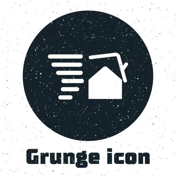 Grunge Tornado werveling schade huis dak pictogram geïsoleerd op witte achtergrond. Cyclon, wervelwind, storm trechter, orkaan wind icoon. Vector Illustratie — Stockvector