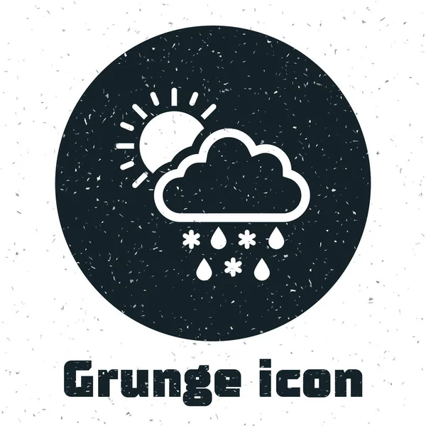 Grunge-Wolke mit Schnee, Regen und Sonne auf weißem Hintergrund. Wettersymbol. Vektorillustration — Stockvektor