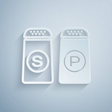 Kağıt kesiği, gri arka planda tuz ve biber ikonu izole edilmiş. Yemek pişirme baharatları. Kağıt sanatı tarzı. Vektör İllüstrasyonu