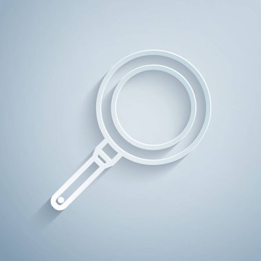 Kağıt kesiği tava simgesi gri arkaplanda izole edilmiş. Kızartma veya kızartma gıda sembolü. Kağıt sanatı tarzı. Vektör İllüstrasyonu