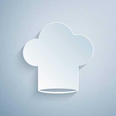 Kağıt kesiği Şef şapkası simgesi gri arkaplanda izole edilmiş. Aşçılık sembolü. Aşçı şapkası. Kağıt sanatı tarzı. Vektör İllüstrasyonu