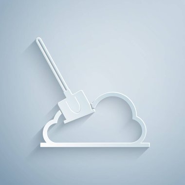 Kağıt kesiği yer ikonundaki küreği gri arkaplanda izole etti. Bahçe aletleri. Bahçecilik, tarım, çiftçilik aleti. Kağıt sanatı tarzı. Vektör İllüstrasyonu