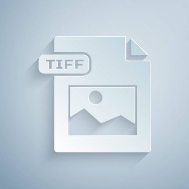 Kağıt kesilmiş Tiff dosya belgesi. Gri arka planda yalıtılmış tiff düğme simgesini indirin. Tiff dosya sembolü. Kağıt sanat tarzı. Vektör İllüstrasyonu