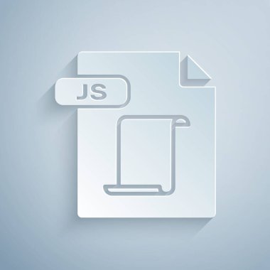 Kağıt kesilmiş Js dosya belgesi. Gri arka planda yalıtılmış js düğme simgesini indirin. Js dosya sembolü. Kağıt sanat tarzı. Vektör İllüstrasyonu