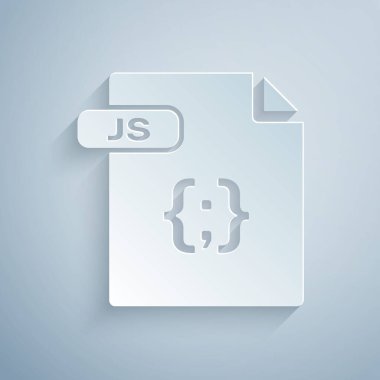 Kağıt kesilmiş Js dosya belgesi. Gri arka planda yalıtılmış js düğme simgesini indirin. Js dosya sembolü. Kağıt sanat tarzı. Vektör İllüstrasyonu