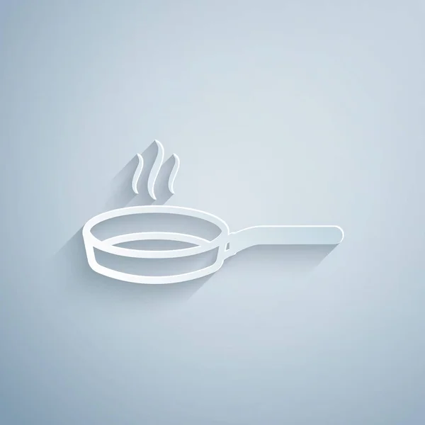 Paper cut Frying pan icon isolated on grey background. Fry or roast food symbol. Paper art style. Vector Illustration — Stock Vector