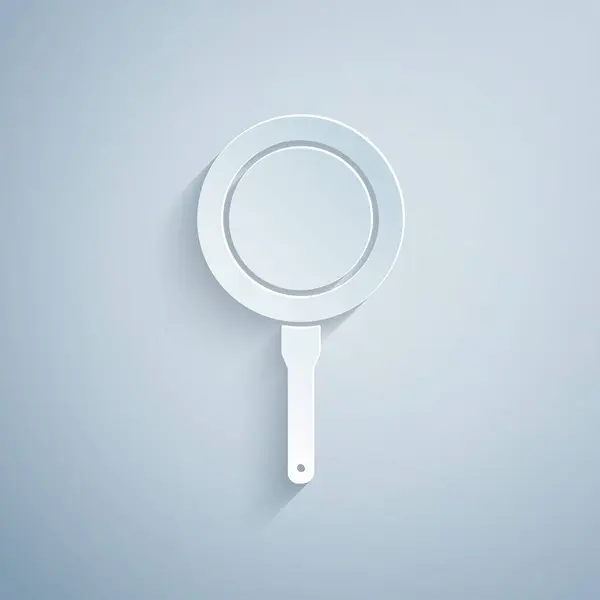 Corte de papel Icono de sartén aislado sobre fondo gris. Símbolo de comida asada o frita. Estilo de arte de papel. Ilustración vectorial — Vector de stock