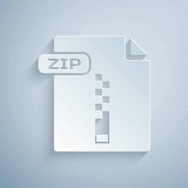 Documento de archivo ZIP de corte de papel. Descargar icono de botón zip aislado sobre fondo gris. Símbolo del archivo ZIP. Estilo de arte de papel. Ilustración vectorial — Vector de stock