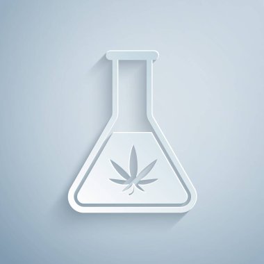 Kağıt, gri arka planda marihuana ya da kenevir yaprağı ikonu ile kimyasal test tüpünü kesti. Araştırma konsepti. Laboratuvar Cbd yağı konsepti. Kağıt sanatı tarzı. Vektör İllüstrasyonu