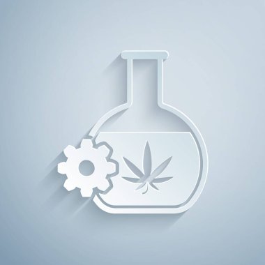 Kağıt, gri arka planda marihuana ya da kenevir yaprağı ikonu ile kimyasal test tüpünü kesti. Araştırma konsepti. Laboratuvar Cbd yağı konsepti. Kağıt sanatı tarzı. Vektör İllüstrasyonu