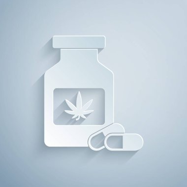 Kağıt kesiği Tıbbi şişe marihuana veya kenevir yaprağı ikonu gri arka planda izole. Kavanozlardaki kenevir yağı özlerini taklit et. Kağıt sanatı tarzı. Vektör İllüstrasyonu