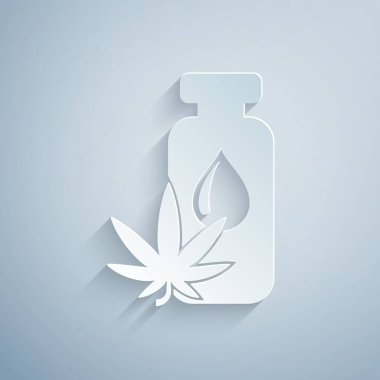 Kağıt kesiği Tıbbi marihuana veya kenevir yaprağı zeytinyağı damlası ikonu gri arka planda izole edilmiş. Esrar özütü. Kenevir sembolü. Kağıt sanatı tarzı. Vektör İllüstrasyonu