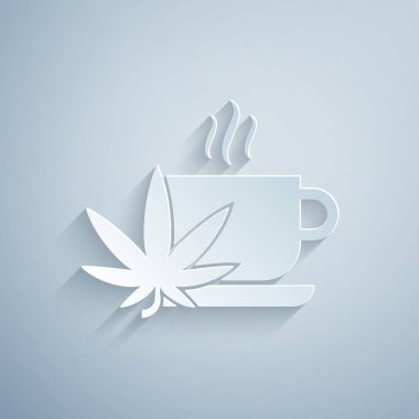Gri zemin üzerinde marihuana veya kenevir yaprağı ikonu bulunan kağıt kesimi fincan çayı. Marihuanayı yasallaştırma. Kenevir sembolü. Kağıt sanatı tarzı. Vektör İllüstrasyonu