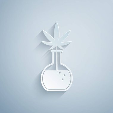 Kağıt, gri arka planda marihuana ya da kenevir yaprağı ikonu ile kimyasal test tüpünü kesti. Araştırma konsepti. Laboratuvar Cbd yağı konsepti. Kağıt sanatı tarzı. Vektör İllüstrasyonu