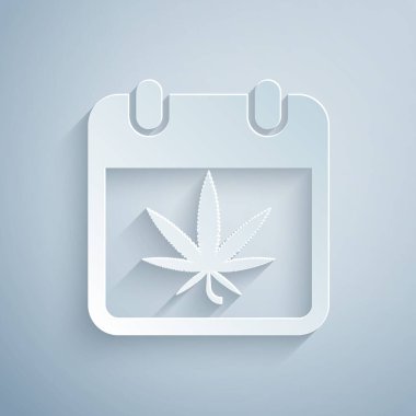 Kağıt kesiği Takvim ve marihuana veya gri arka planda izole edilmiş kenevir yaprağı ikonu. Ulusal esrar günü. Kenevir sembolü. Kağıt sanatı tarzı. Vektör İllüstrasyonu