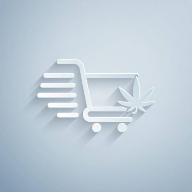 Gri arka planda marihuana ya da kenevir yaprağı ikonu olan bir alışveriş arabası. İnternetten satın alma. Teslimat servisi. Süpermarket sepeti. Kağıt sanatı tarzı. Vektör İllüstrasyonu