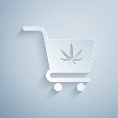Gri arka planda marihuana ya da kenevir yaprağı ikonu olan bir alışveriş arabası. İnternetten satın alma. Teslimat servisi. Süpermarket sepeti. Kağıt sanatı tarzı. Vektör İllüstrasyonu